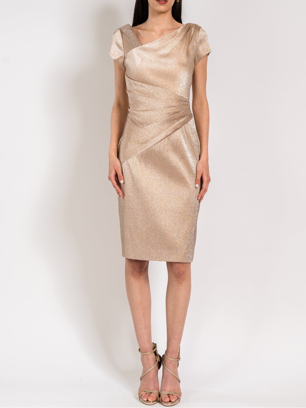 Theia Metallic Champagne Gold Asymmetrical Midi Sheath Cocktail Dress 2